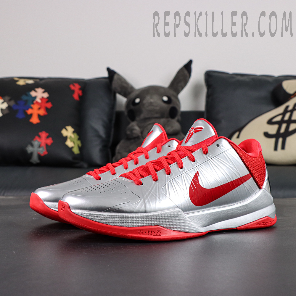 Caitlin Clark x Nike Zoom Kobe 5 Protro “Rookie of the Year” basketball shoes, front side full view with red laces and silver upper