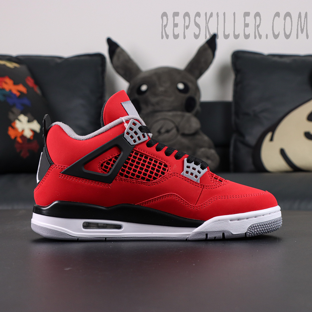 Side profile of the Jordan 4 Retro Toro Bravo featuring red nubuck upper, black TPU wing, and mesh panels