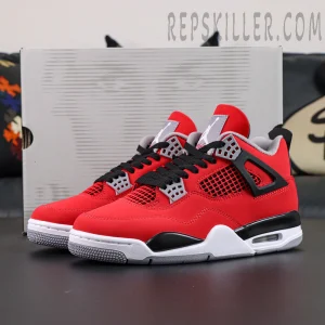 Jordan 4 Retro Toro Bravo displayed at a three-quarter angle with original shoebox in the background