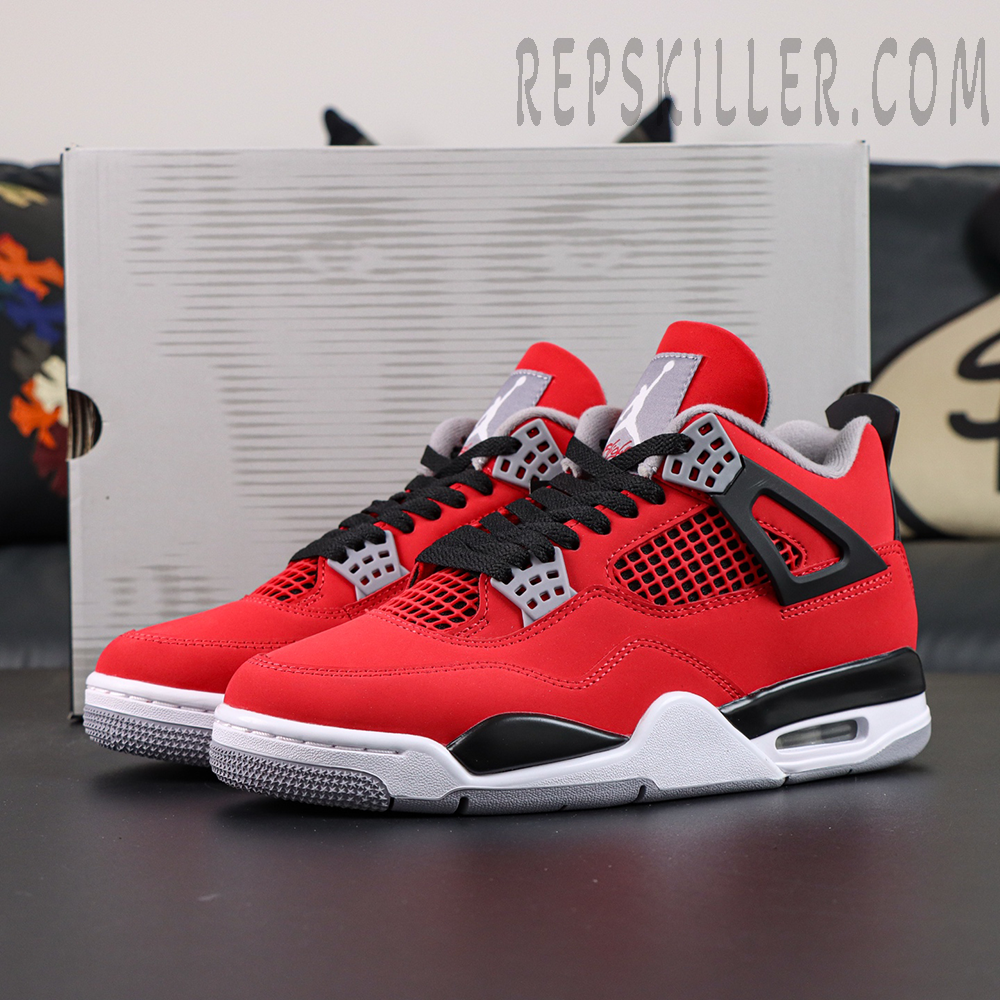 Jordan 4 Retro Toro Bravo displayed at a three-quarter angle with original shoebox in the background