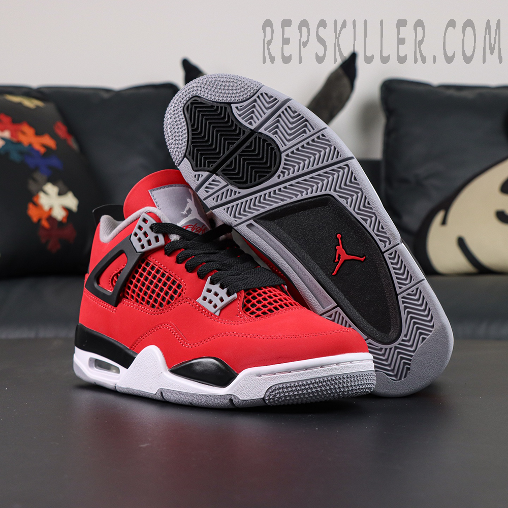 Jordan 4 Toro Bravo with outsole exposed, showing herringbone traction pattern and Jumpman logo