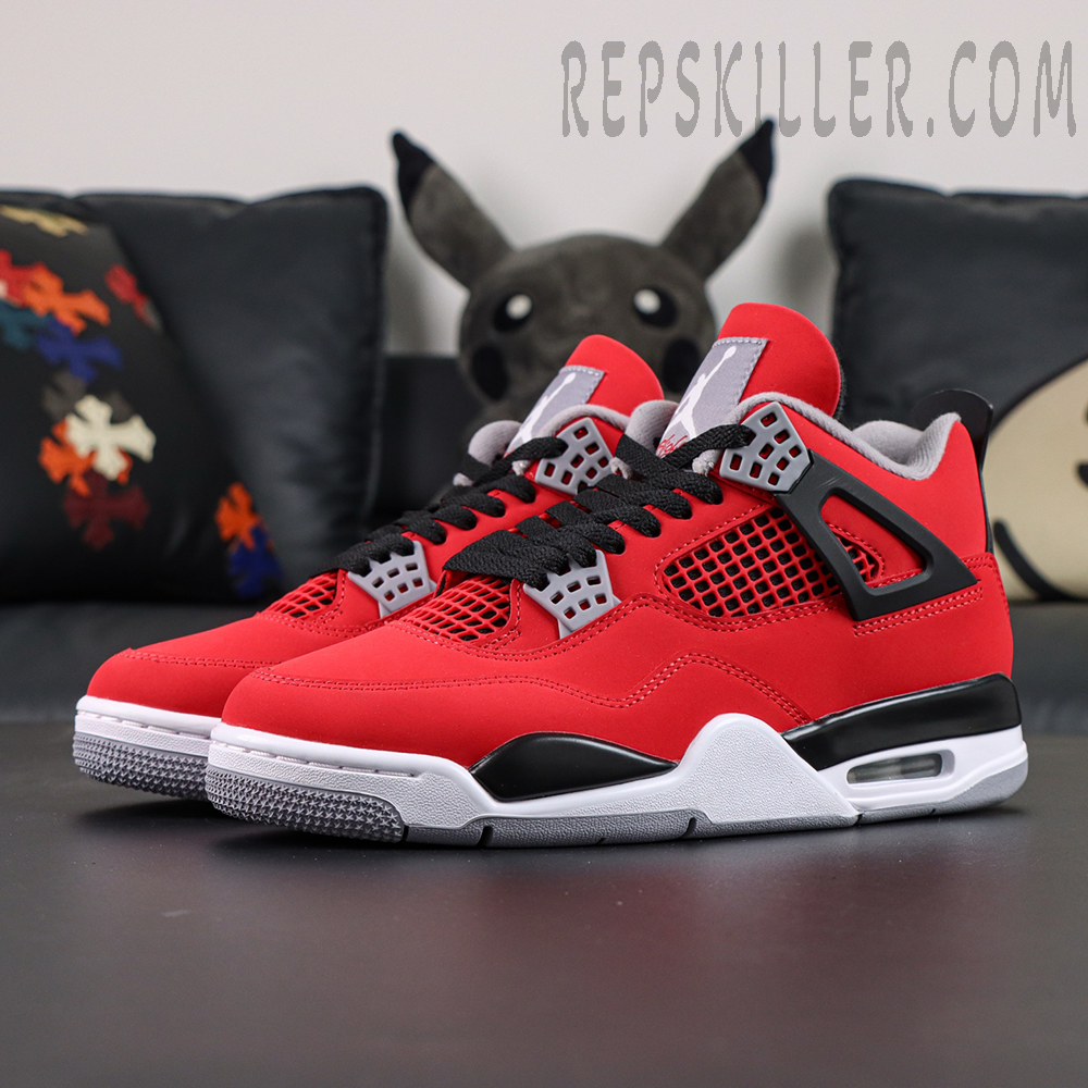 Pair of Jordan 4 Retro Toro Bravo sneakers displayed from a front three-quarter angle