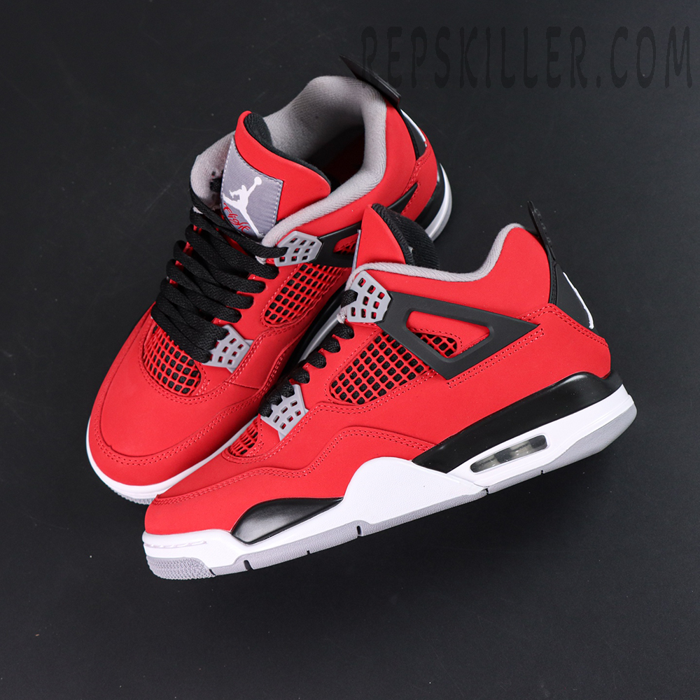 Top-down view of the Jordan 4 Toro Bravo sneakers highlighting mesh panels, lace system, and tongue branding
