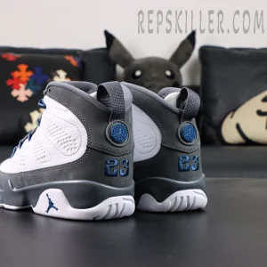 Jordan 9 Retro Flint Grey basketball shoes, rear side angle with sculpted midsole
