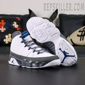 Jordan 9 Retro Flint Grey basketball shoes, outsole traction pattern with Jumpman logo