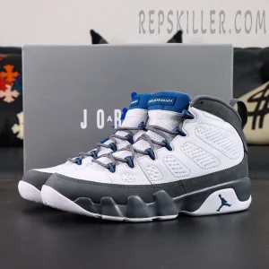 Jordan 9 Retro Flint Grey basketball shoes displayed with original shoebox