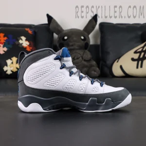 Jordan 9 Retro Flint Grey basketball shoes, full side profile view