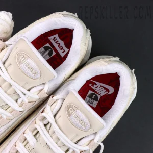 Levi’s x Nike Air Max 95 OG “Light Orewood Brown” tongue and insole close-up with Air Max embroidery and Levi’s co-branding