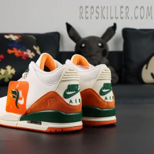 SoleFly x Air Jordan 3 “Miami” collaboration sneakers, rear view showing Nike Air heel branding with orange and green accents