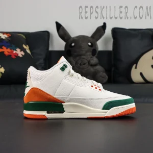 SoleFly x Air Jordan 3 “Miami” collaboration sneakers, side profile with white leather upper and green midsole