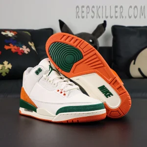SoleFly x Air Jordan 3 “Miami” collaboration sneakers, outsole-up view with orange and green rubber traction pattern
