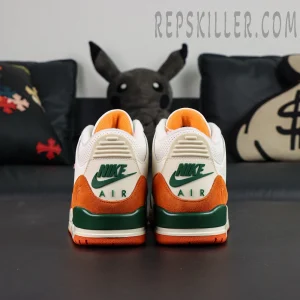 SoleFly x Air Jordan 3 “Miami” collaboration sneakers, straight rear view showing heel support and structure