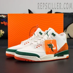 SoleFly x Air Jordan 3 “Miami” collaboration sneakers, front view of the pair showing overall silhouette and lace system
