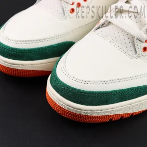 SoleFly x Air Jordan 3 “Miami” collaboration sneakers, toe box close-up highlighting leather texture and green suede overlay