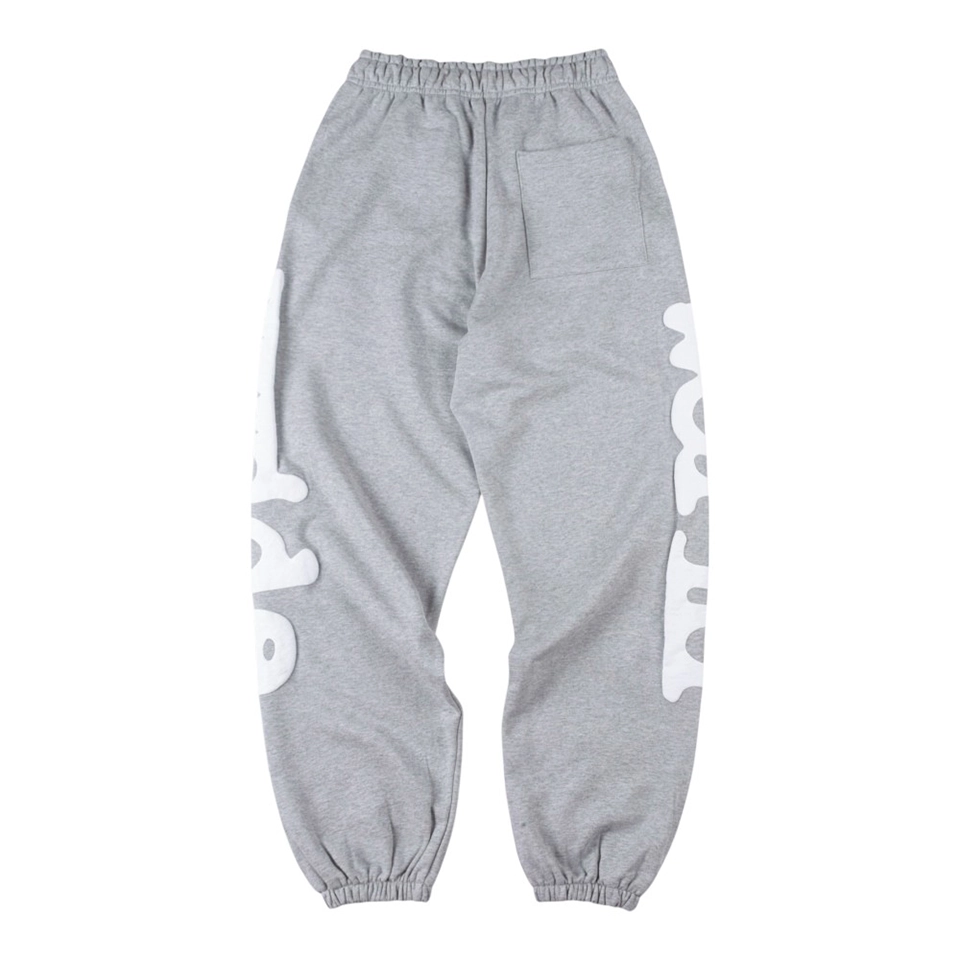 Sp5der Heather Grey Oversized White Script Sweatpants Front view