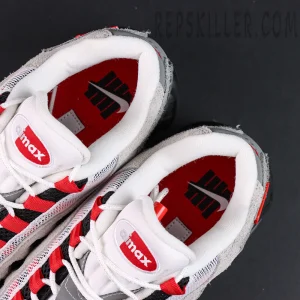 Undefeated x Nike Air Max 95 “Bright Crimson” sneakers, medial view highlighting red insole and branding