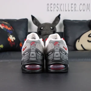 Undefeated x Nike Air Max 95 “Bright Crimson” sneakers, straight rear view with red Air unit and collaboration details