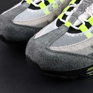 Undefeated x Nike Air Max 95 “NYC Neon” sneakers, toe box close-up with suede and mesh construction