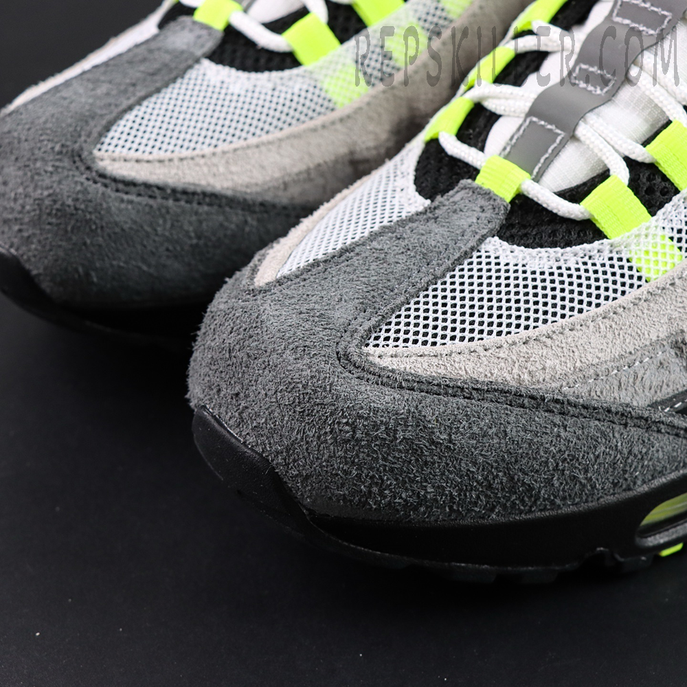 Undefeated x Nike Air Max 95 “NYC Neon” sneakers, toe box close-up with suede and mesh construction