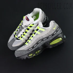 Undefeated x Nike Air Max 95 “NYC Neon” sneakers, floating angle showing overall silhouette and colorway