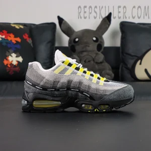 Undefeated x Nike Air Max 95 “Yellow” sneakers, full side view showing layered upper and yellow highlights