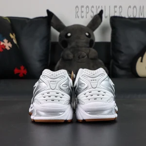 A.P.C. x ASICS Gel Kayano 14 “White Pure Silver” rear view with structured heel and metallic accents