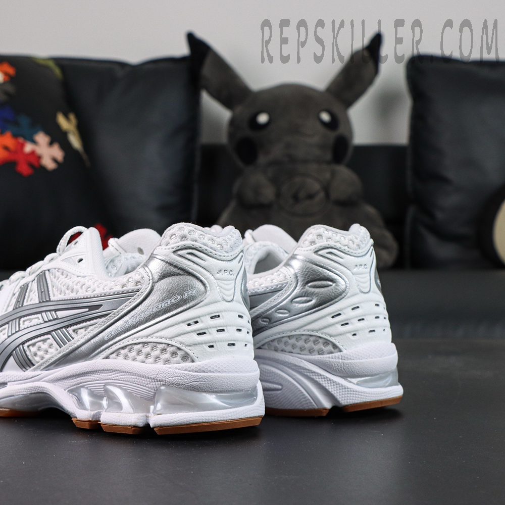 A.P.C. x ASICS Gel Kayano 14 “White Pure Silver” rear-side detail with layered retro runner design
