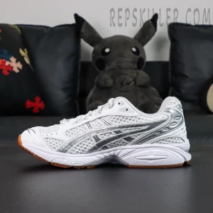 A.P.C. x ASICS Gel Kayano 14 “White Pure Silver” side profile with classic runner shape and silver lines