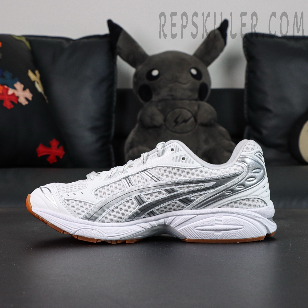 A.P.C. x ASICS Gel Kayano 14 “White Pure Silver” side profile with classic runner shape and silver lines