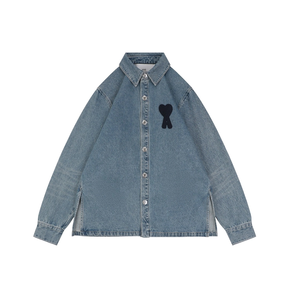 AMI Paris Heart Logo Embroidered Denim Shirt Front view