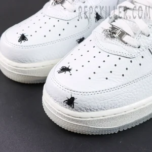 Air Force 1 toe box detail with fly print, tumbled leather and metal lace dubrae