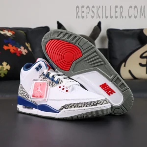 Air Jordan 3 “True Blue” outsole view with grey sole and red traction circle