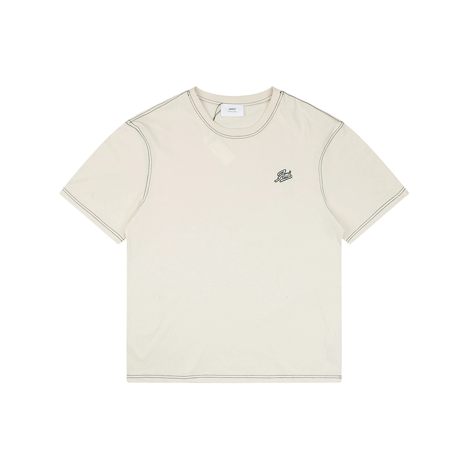 Ami Logo Embroidered Contrast Stitch T-Shirt Front view
