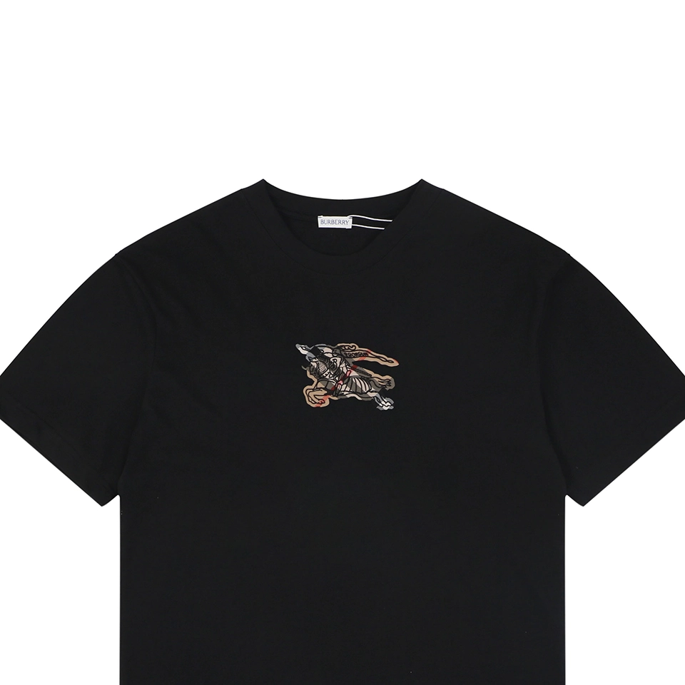 Burberry Check Equestrian Knight Embroidered Washed Cotton T-Shirt Black