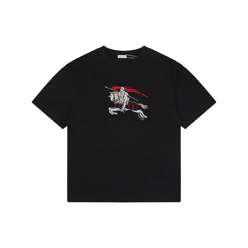 Burberry Color Equestrian Knight Embroidered Washed Cotton T-Shirt Black Front view