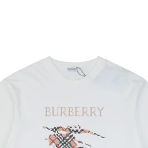 Burberry Cross Stitch Check Equestrian Knight Logo Embroidered Washed Cotton T-Shirt White