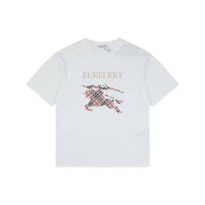 Burberry Cross Stitch Check Equestrian Knight Logo Embroidered Washed Cotton T-Shirt White Front view