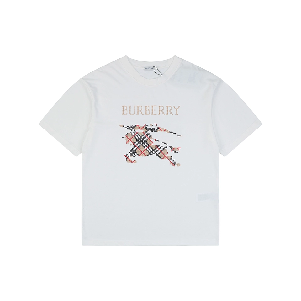 Burberry Cross Stitch Check Equestrian Knight Logo Embroidered Washed Cotton T-Shirt White Front view