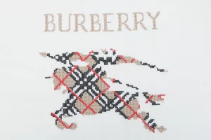 Burberry Cross Stitch Check Equestrian Knight Logo Embroidered Washed Cotton T-Shirt White Front Print