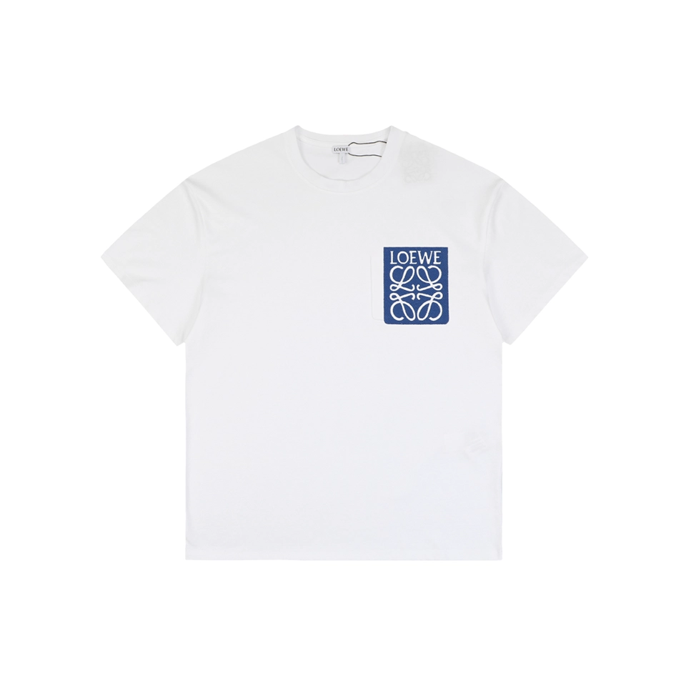 Loewe Blue Pocket Anagram Logo Embroidered Cotton T-Shirt White Front view