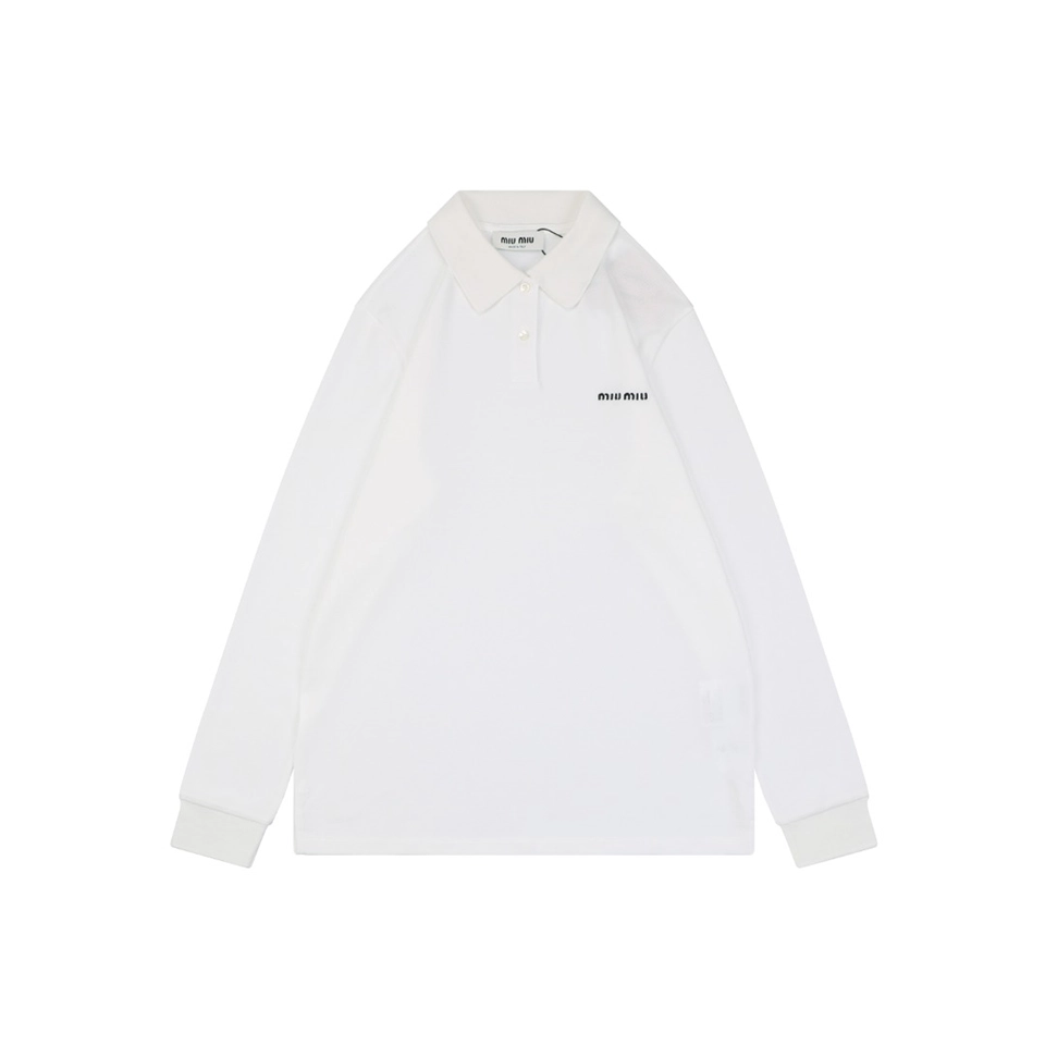 Miu Miu Logo Embroidered Cotton Polo Shirt White Front view