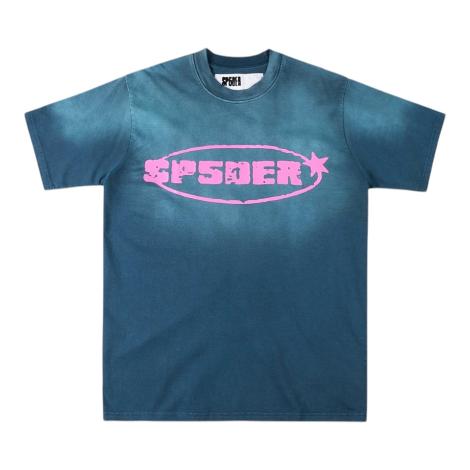 Sp5der Blue Pink Logo Graphic Washed T-Shirt Front view