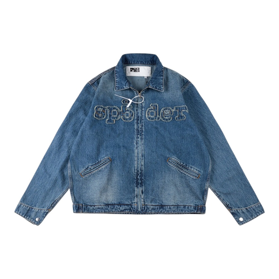 Sp5der Blue Washed Logo Embroidery Denim Jacket Front view