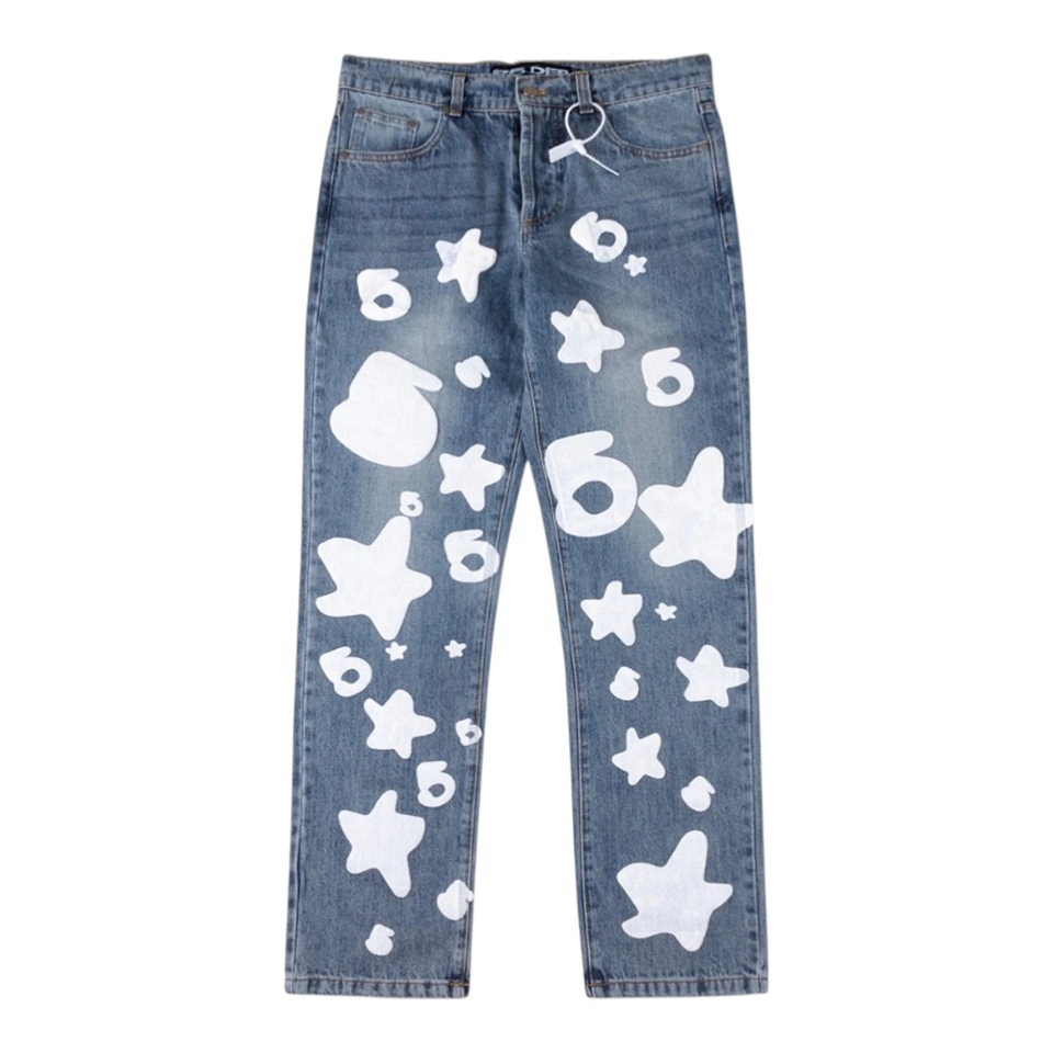 Sp5der Blue White Star Graphic Denim Jeans Front view