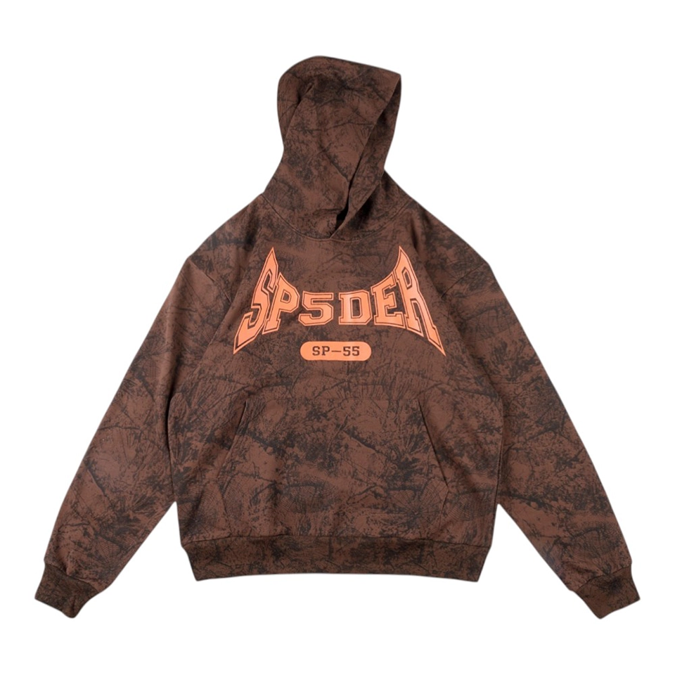 Sp5der Brown Distressed “SP-55” Racing Graphic Hoodie Front view