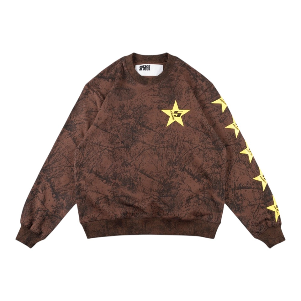 Sp5der Brown Distressed Star “5” Logo Sweatshirt Front view