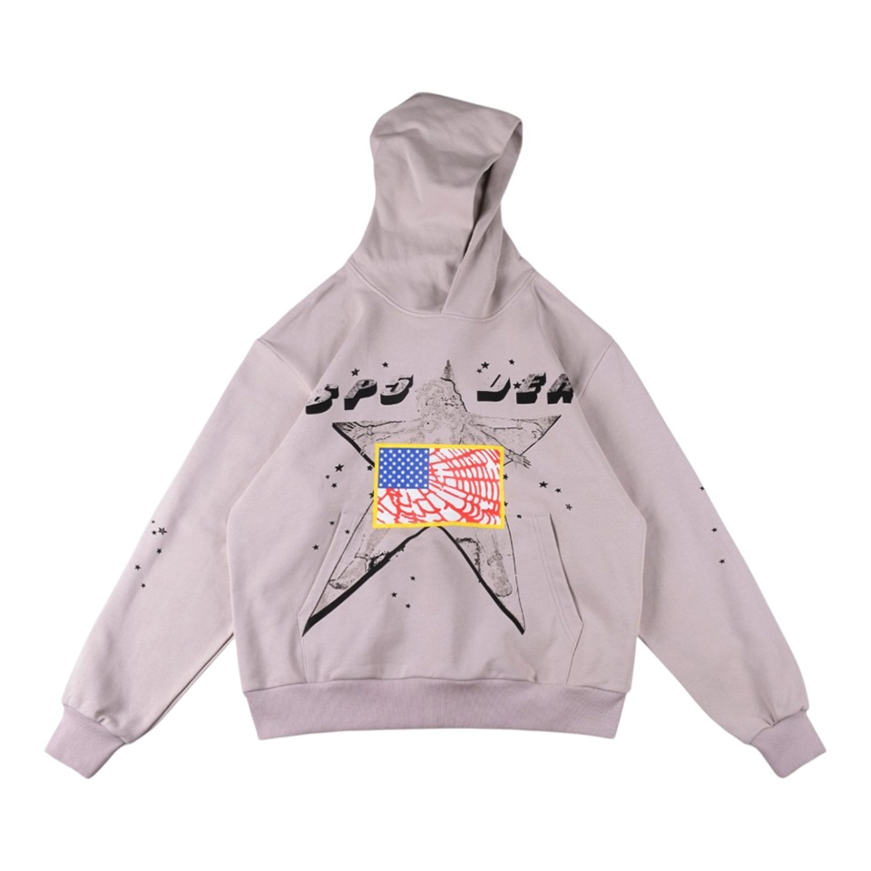 Sp5der Grey Star Graphic Hoodie Front view
