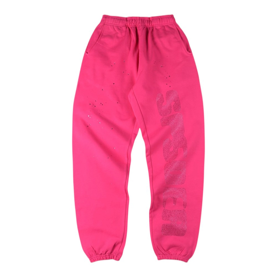Sp5der Pink Rhinestone Logo Sweatpants Front view