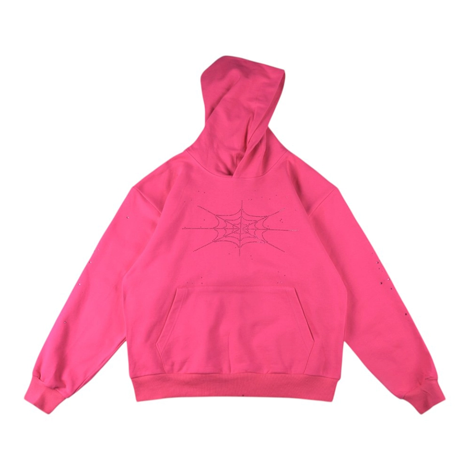 Sp5der Pink Rhinestone Web Hoodie Front view