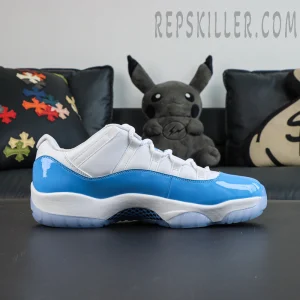 Air Jordan 11 Low UNC side profile with patent leather university blue mudguard